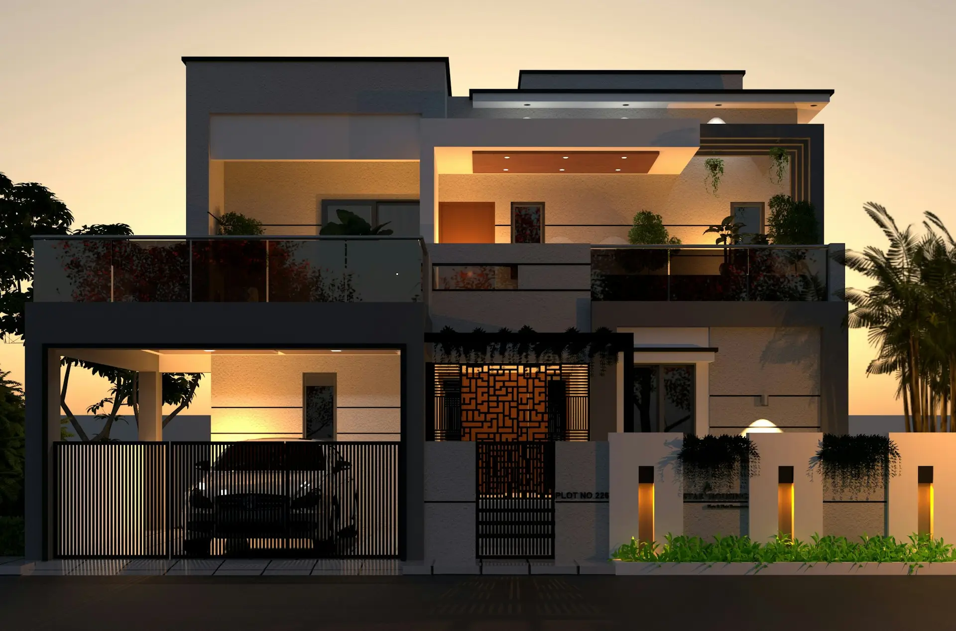 Contemporary two-storey residence with stone walls and a timber soffit